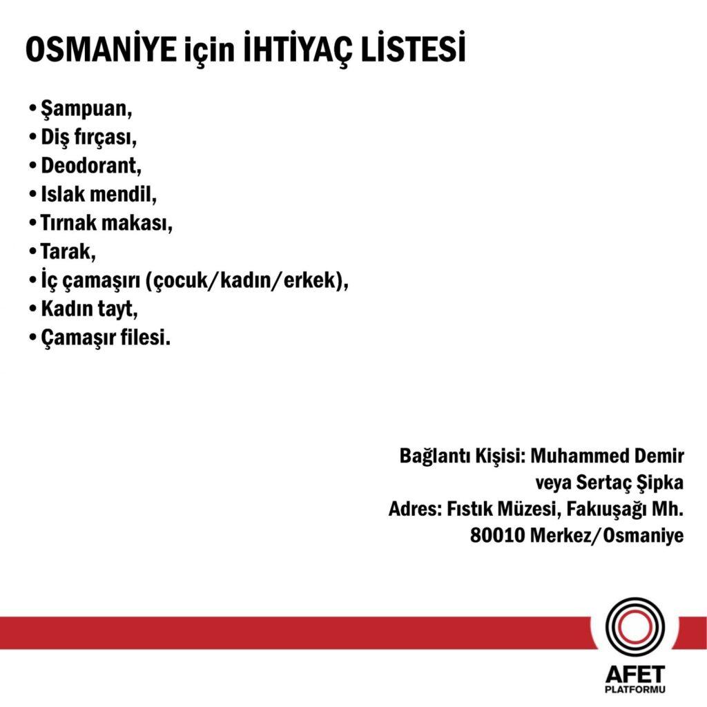 osmaniye için güncel ihtiyaç listesi