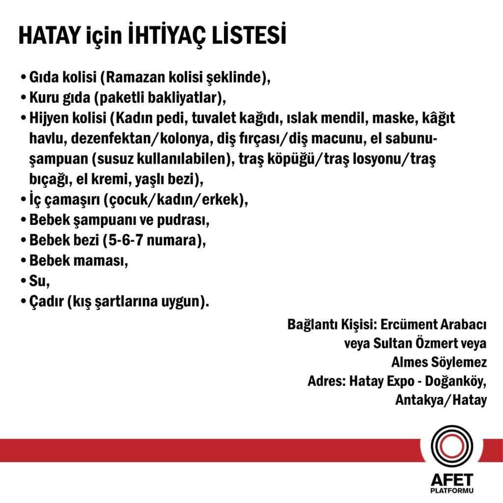 Hatay için güncel ihtiyaç listesi