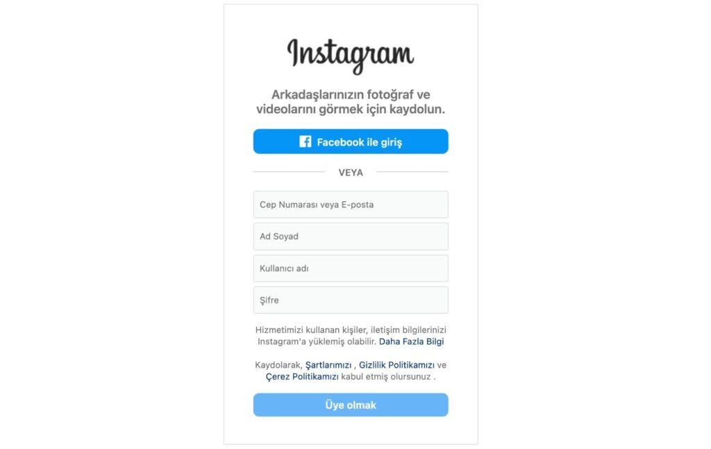 instagram kayıt ekranı