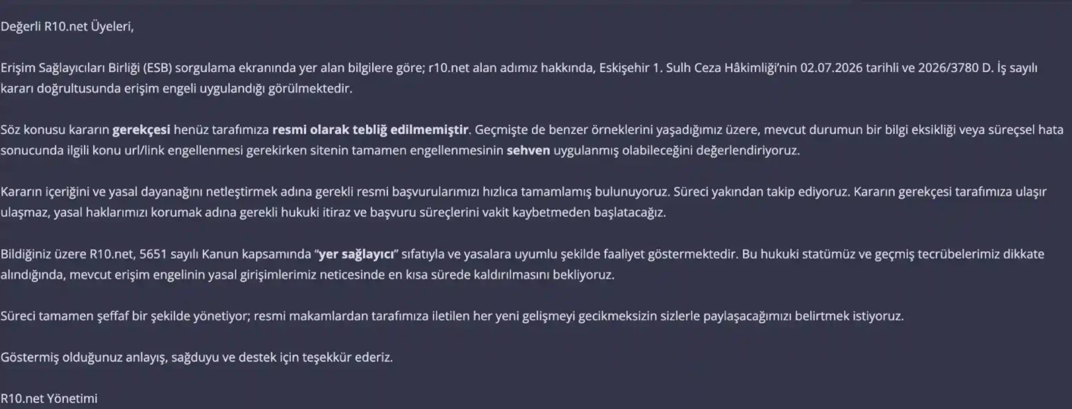 r10.net Erişim Engeli Açıklaması