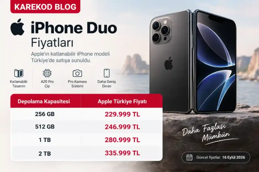 iPhone Duo fiyatları 2026: 256 GB 229.999 TL, 512 GB 246.999 TL, 1 TB 280.999 TL ve 2 TB 335.999 TL Apple Türkiye fiyat listesi.