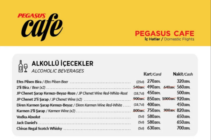 Pegasus Alkollü İçecek Fiyatları