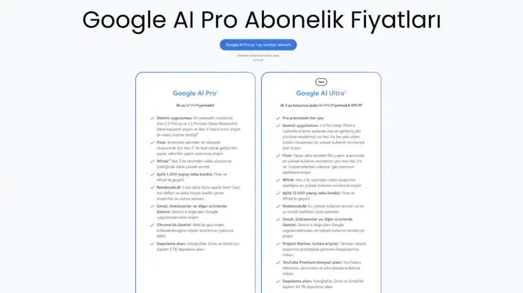 Google AI Pro Abonelik Fiyatları