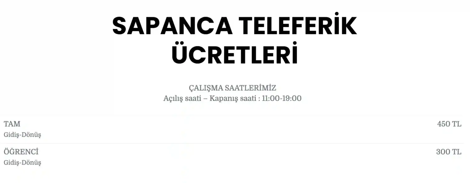 Güncel Sapanca Teleferik Ücretleri