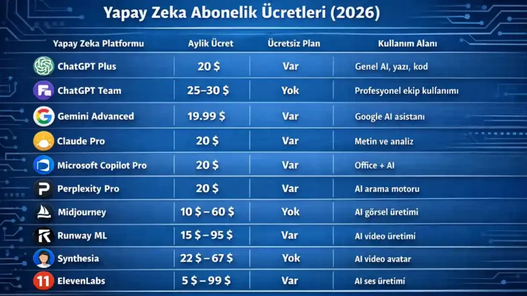 Yapay Zeka Abonelik Ücretleri