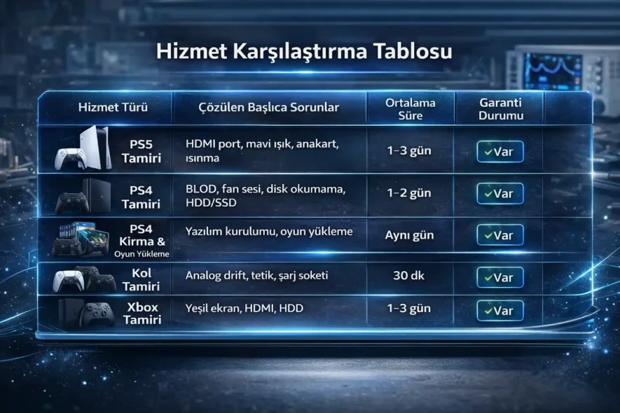 Pendik PS5 Tamir -Hizmet Karşılaştırma Tablosu