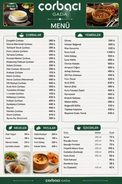 Çorbacı Gada Menü Fiyat Listesi