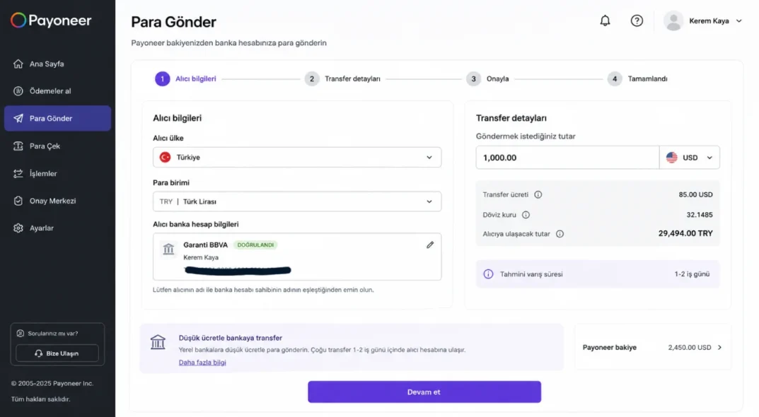 Payoneer Para Gönderimi