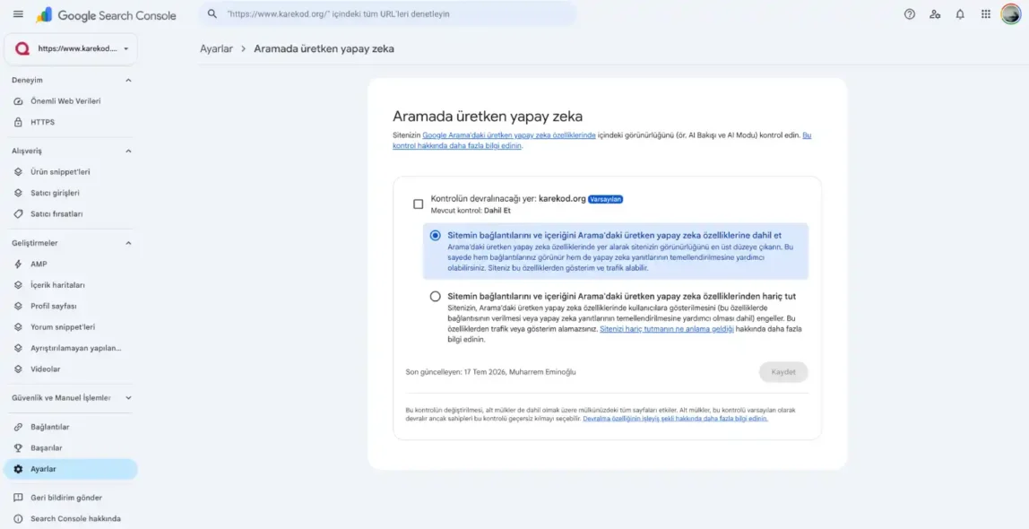 Aramada üretken yapay zeka ayarı