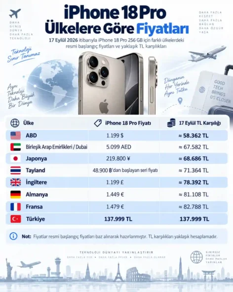 Ülkelere göre iPhone 18 Pro fiyatları