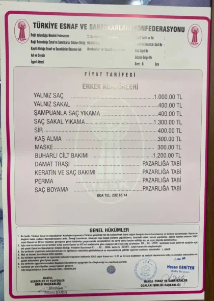 2026 erkek kuaförleri fiyat tarifesi örneği – Manisa Berberler ve Kuaförler Odası