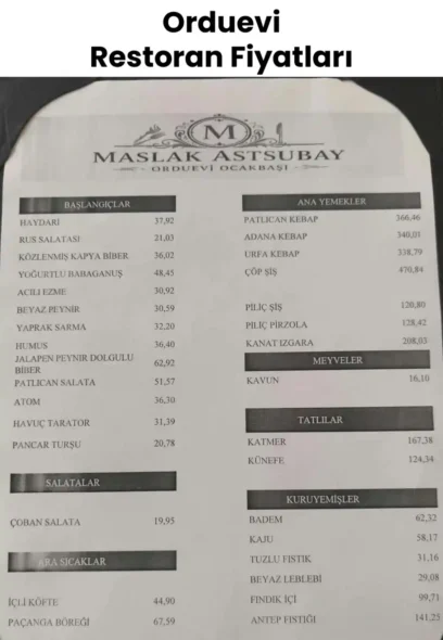 Orduevi Restoran Fiyatları